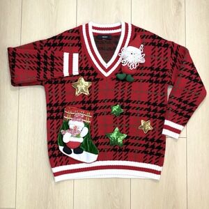 Forever 21 Ugly Christmas Sweater V Neck Plaid 3D Santa Stocking Sequin Stars